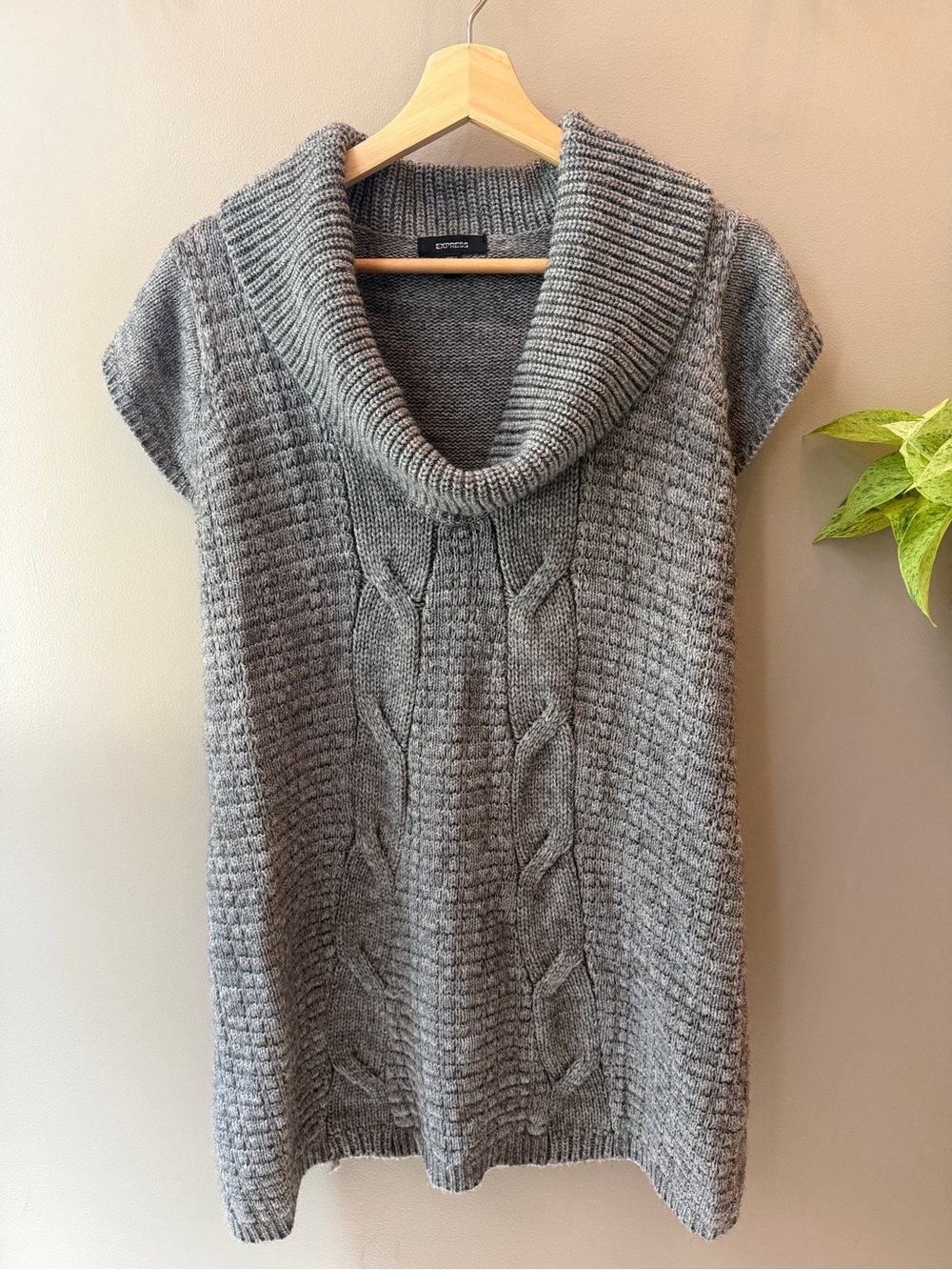Express Cable Knit Cowl Neck Sweater Tunic - Gray